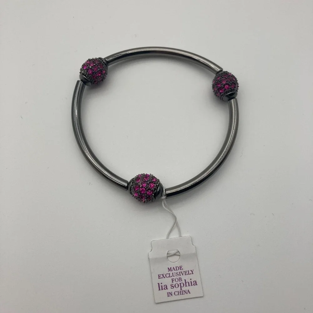 Lia Sophia Fuchsia Pave Fireball Stretch Bracelet Hematite Magenta Crystal - Picture 4 of 7